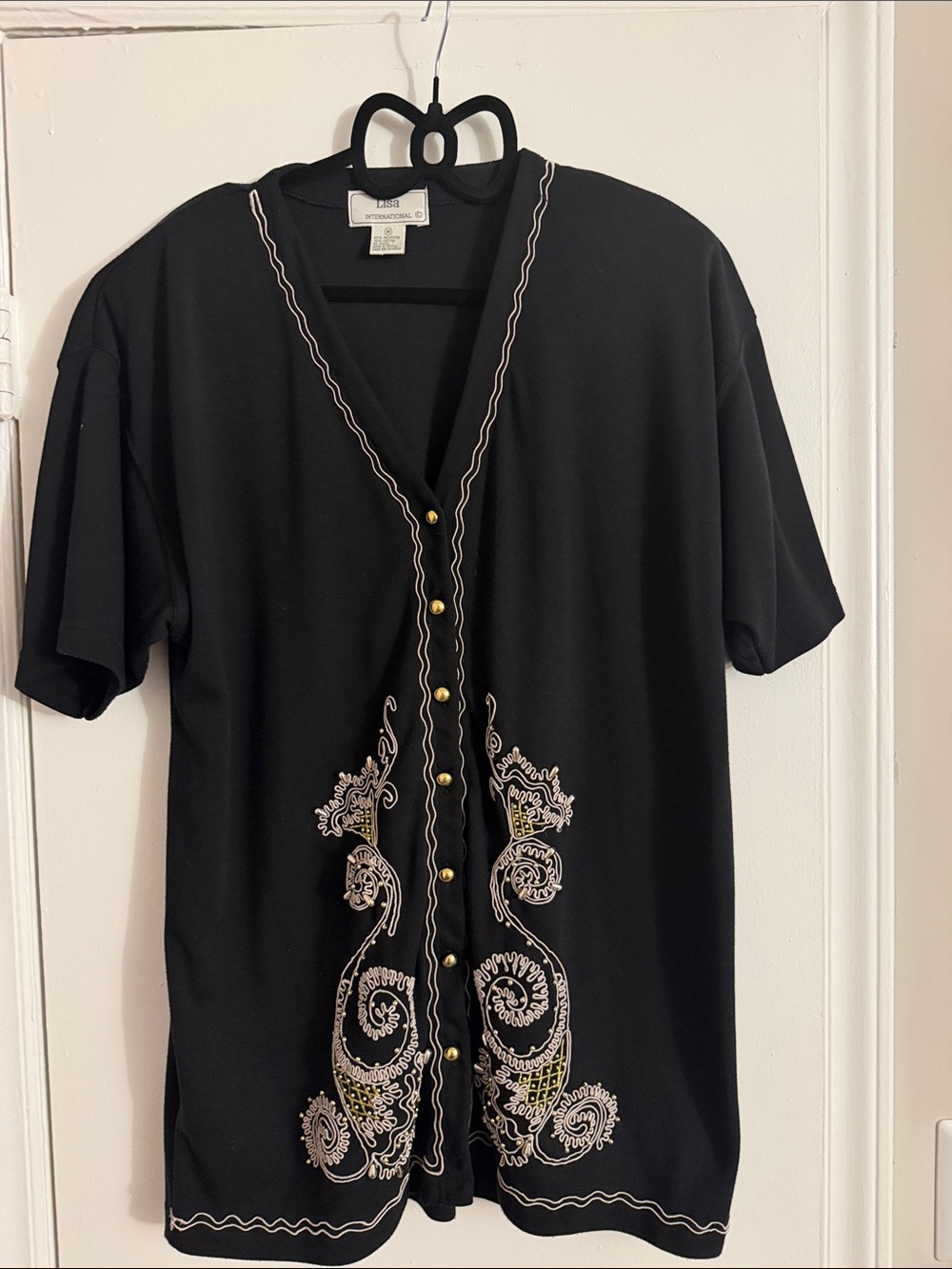 Vintage Black Embroidered V-neckline Button-Front Short Sleeve Top